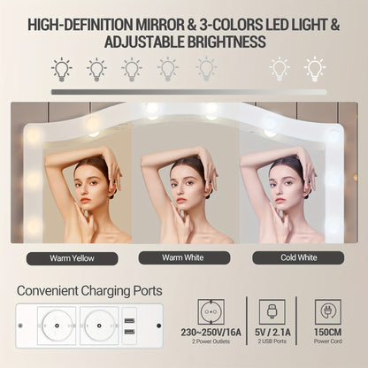 Make-uptafel – Kaptafel – Visagietafel – Make-up Bureau – Make-up Spiegel – Wit met Gouden Accenten – Grote Spiegel 45x70 cm – 3-Kleurige Instelbare LED-Verlichting