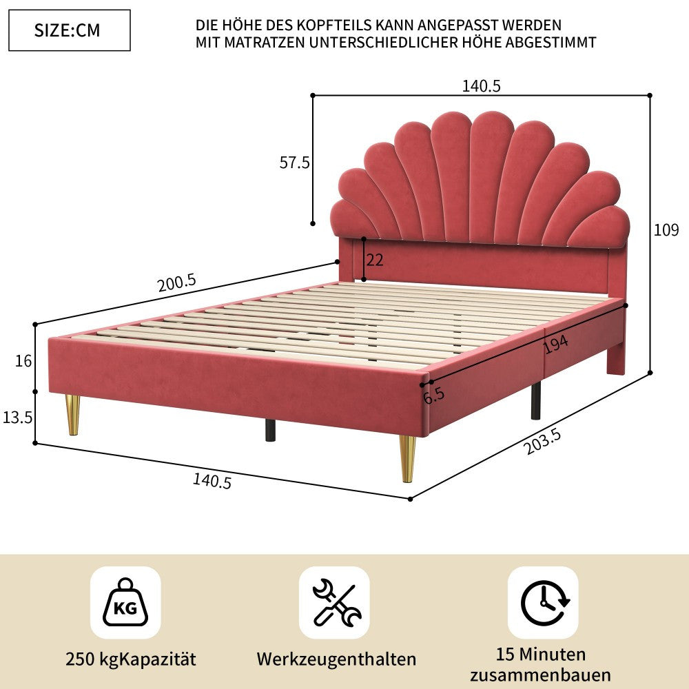 Double Bed Frame with Slatted Base and Headboard, 140 x 200 cm, Velvet, for Bedroom, bbbgddsbb (Mattress Not Included). 4fa54f6e