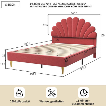 Double Bed Frame with Slatted Base and Headboard, 140 x 200 cm, Velvet, for Bedroom, bbbgddsbb (Mattress Not Included). 4fa54f6e