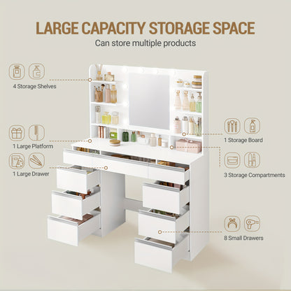 Kaptafel – Make-up Tafel – Schminktisch – Beauty Tafel – Vanity – Grote HD Spiegel – Verstelbare LED Verlichting – 1 Grote Lade & 8 Kleine Laden – 9 Open Schappen – Wit Goud Variant