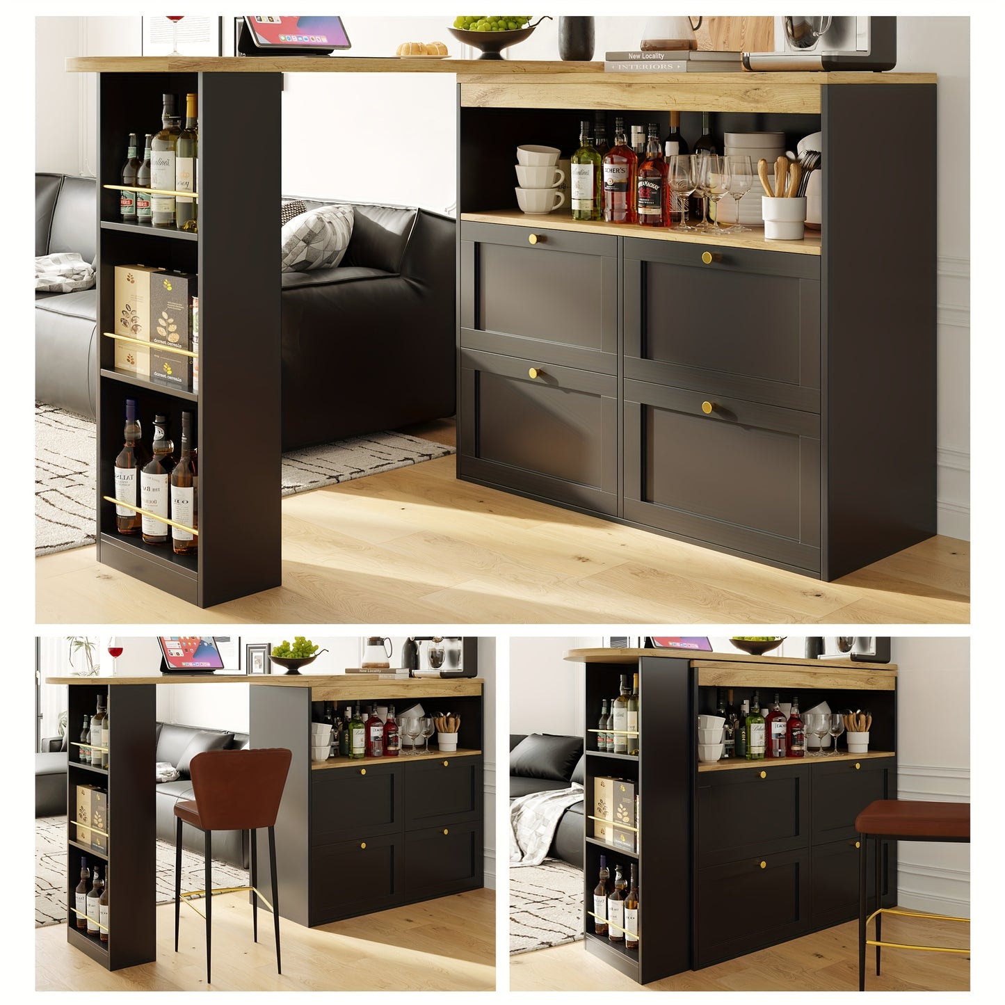 Bartafel – Barkruktafel – Statafel – Barmeubel – Zwarte 360° Draaibare Bartafel – Vier Lades – Open Planken – 105x39x102 cm – Klassiek Design