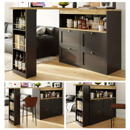 Bartafel – Barkruktafel – Statafel – Barmeubel – Zwarte 360° Draaibare Bartafel – Vier Lades – Open Planken – 105x39x102 cm – Klassiek Design