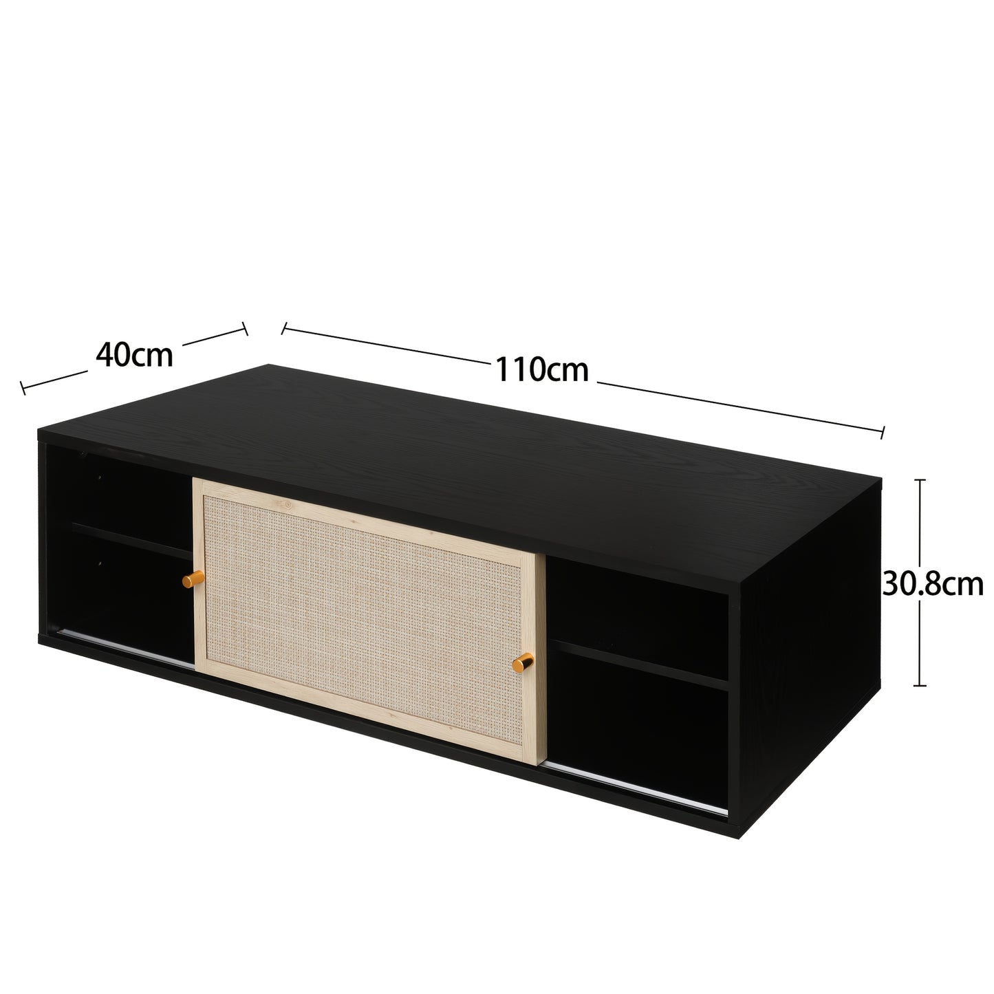 Zwart Wandkastje – Wandrek – Opbergkast – Muurkast – Kast Met Schuifdeuren – Geweven Rattan – 110 cm Lang – Hardhout