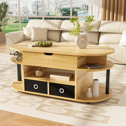 Salontafel – Koffietafel – Bijzettafel – Woonkamer Tafel – Compacte Tafel – Verstelbare Hoogte – Houtnerf Met Zwarte Stoffen Laden