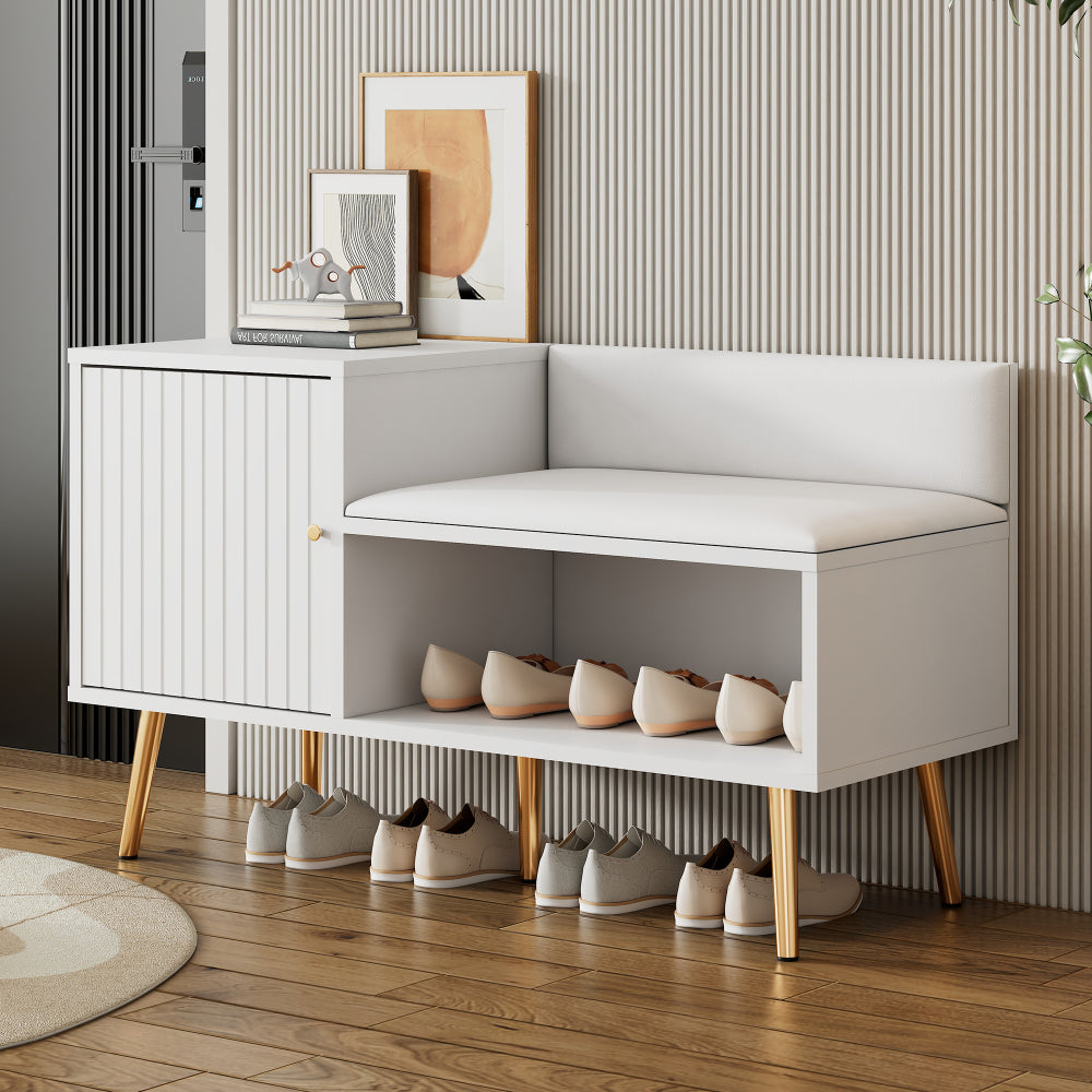 Schoenenbank – Schoenenkast – Schoenenrek – Halbank – Opbergmeubel – Wit Met Gouden Accenten – Comfortabel Gestoffeerd Zitvlak – Stevig Metalen Onderstel