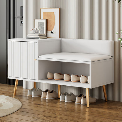 Schoenenbank – Schoenenkast – Schoenenrek – Halbank – Opbergmeubel – Wit Met Gouden Accenten – Comfortabel Gestoffeerd Zitvlak – Stevig Metalen Onderstel