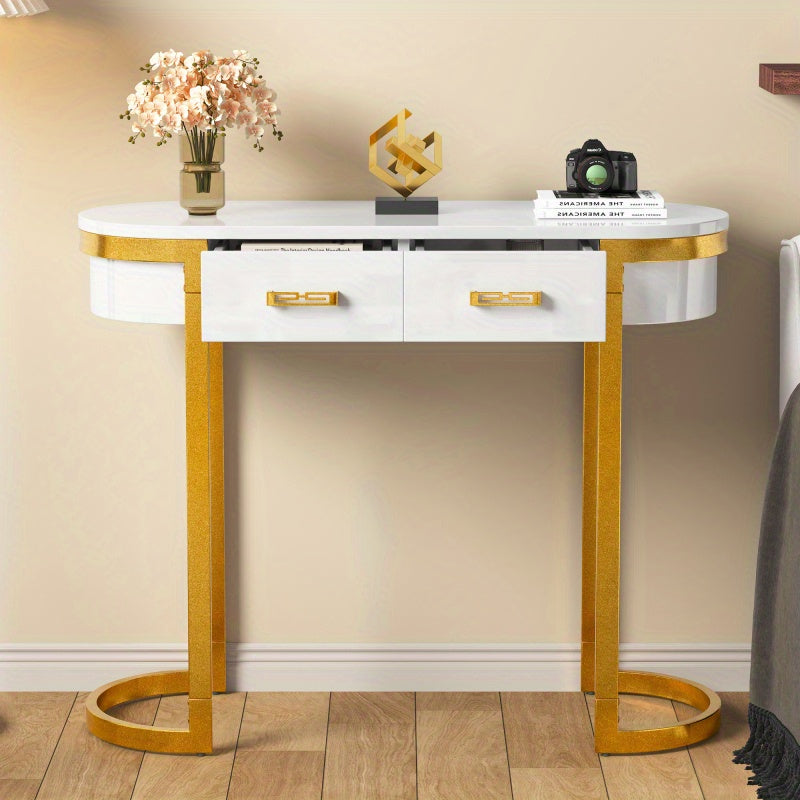 Hoge Bijzettafel – Sidetable – Bijzettafel – Opbergtafel – ConsolTafel – Wit Hoogglans Met Gouden Accenten – 100x40x76 cm – 2 Opbergrekken