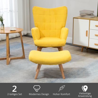 Fauteuil – Armstoel – Lounge Chair – Relaxstoel – TV Stoel – Gele Bekleding – Houten Poten – Inclusief Voetenbank – Comfortabele Zitting