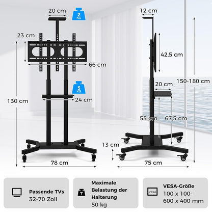 Mobiele TV-standaard – TV-wagen – TV-voet – TV-beugel – Verrijdbare TV-houder – Verstelbare Hoogte tot 151 cm – 360° Draaibare Wielen met Remfunctie