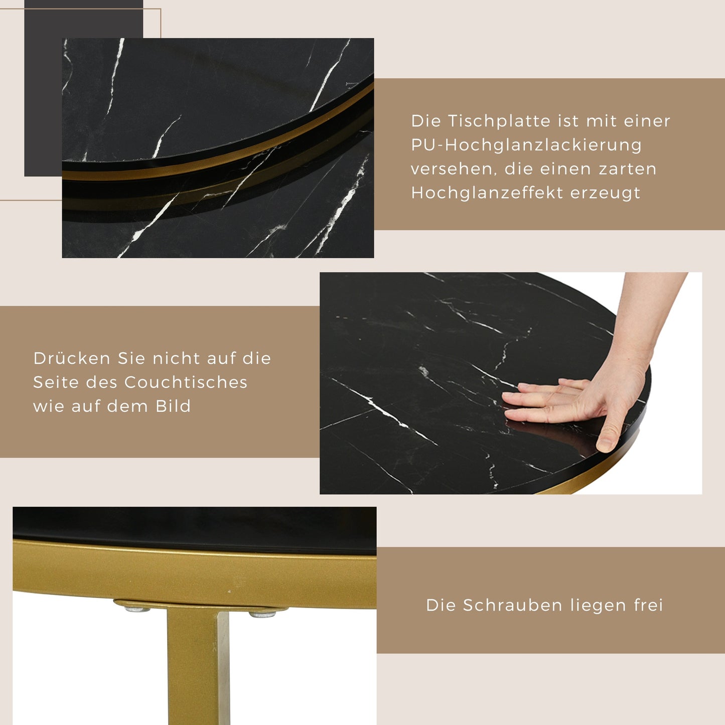 Salontafel – Koffietafel – Bijzettafel – Ronde Tafel – Woonkamertafel – Hoogglans – Imitatie Marmer Structuur – Twee Maten – Zwart