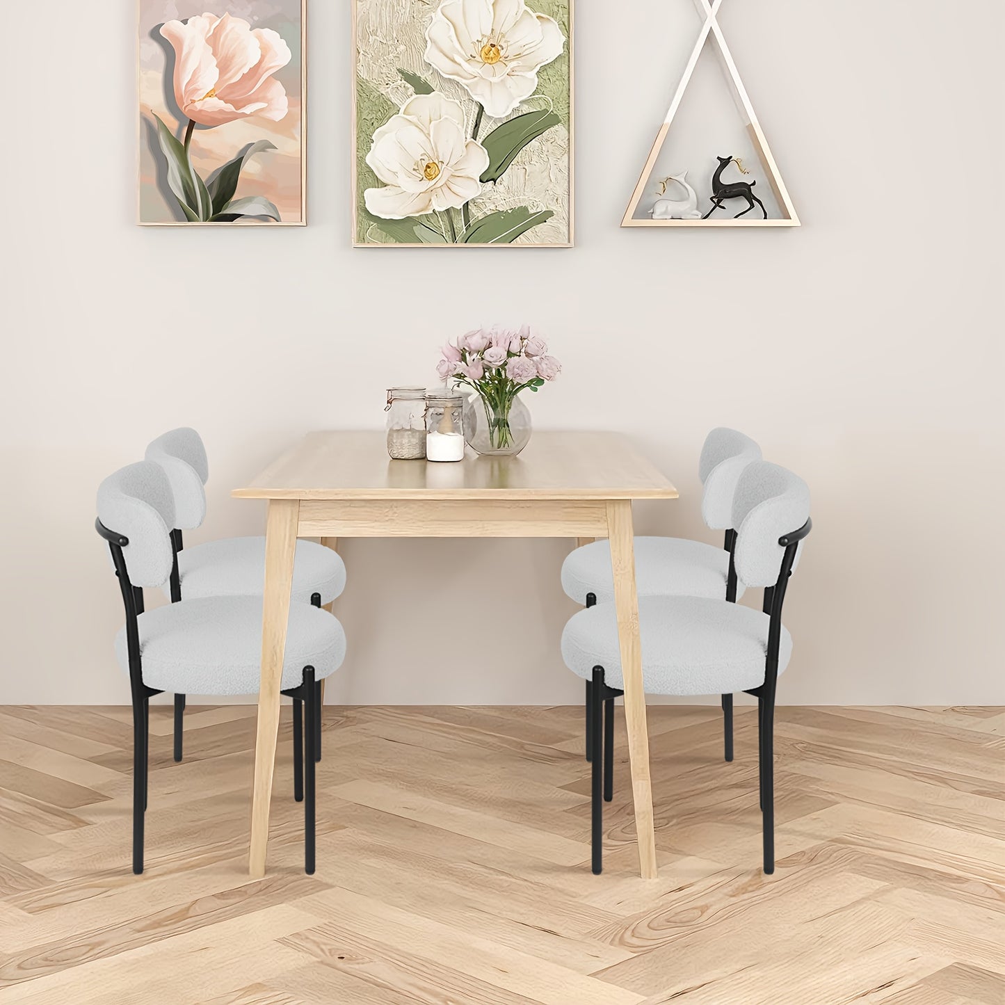 Eetkamerstoelen – Stoelen – Kuipstoelen – Keukenstoelen – Eettafelstoelen – Bouclé Stof – Zwart Metalen Onderstel – Open Rug Design – Set Van 4 – Grijs