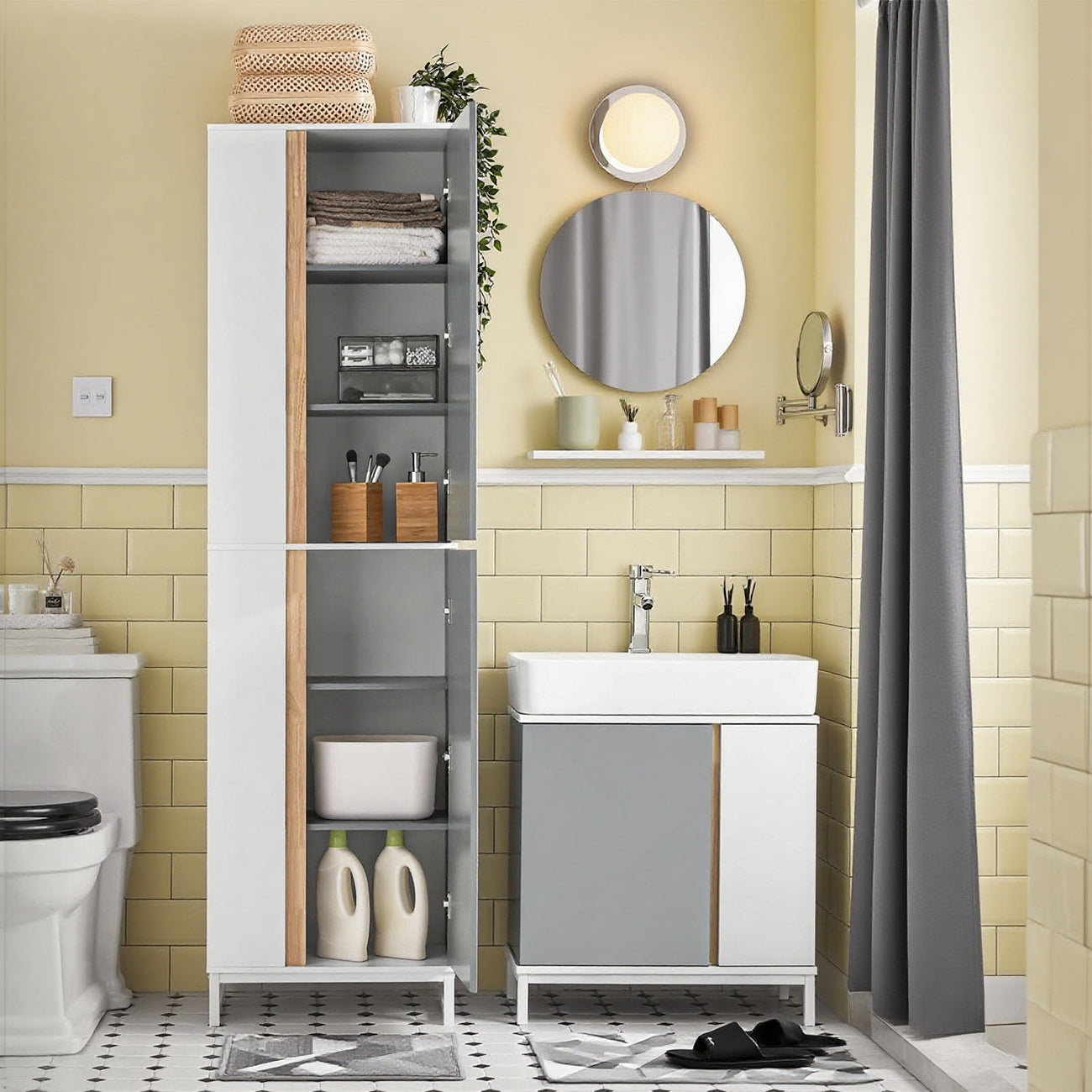 Hoge Kast Badkamer – Badkamerkast Opbergkast Kolomkast Smalle Kast – 50x30x181 Cm – Vochtbestendig MDF – Flexibele Deurmontage