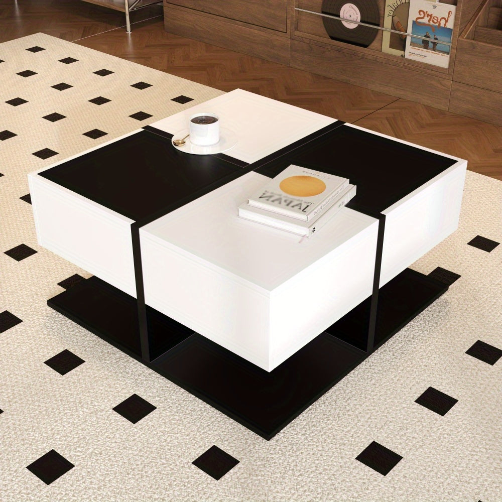 Modern Black & White Metal Coffee Table with 2-Drawer Storage - Large Square Living Room Center Table with Smooth Sliding Drawers, High-Gloss Finish, Easy Assembly, Space-Saving Design for Home & Office, 70x70x35.5cm, Durable