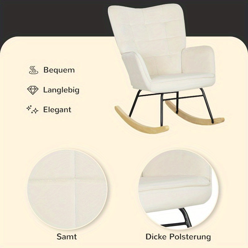 Beige Velvet Schommelstoel – Lounge Stoel – Accentstoel – Relaxstoel – Fauteuil – Met Gebogen Houten Runners – Stijlvolle Metal Frame – Comfortabel Kussen – Gemakkelijk Te Reinigen