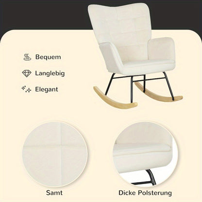 Beige Velvet Schommelstoel – Lounge Stoel – Accentstoel – Relaxstoel – Fauteuil – Met Gebogen Houten Runners – Stijlvolle Metal Frame – Comfortabel Kussen – Gemakkelijk Te Reinigen