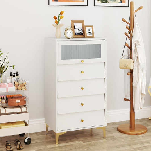 Slaapkamerkastje – Ladekast – Commode – Nachtkastje – Opbergkast – Wit met Gouden Metalen Poten – 4 Lades met Glazen Deurtje – Modern Design