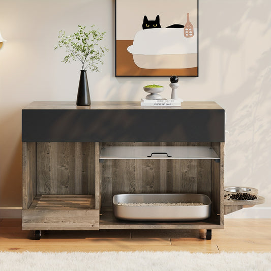 Moderne Kattenbakkast – Kattenbakkast – Kattenbakmeubel – Kattenbakverstopper – Kattenbakopbergkast – Bamboe Materiaal – Verrijdbare Kattenbak met Ventilerende Deur