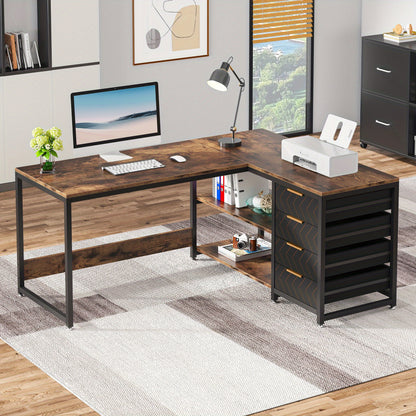 L-vormig Bureau – Hoekbureau – Computertafel – Werkplek – Bureau Met Laden – Bruin – Reversibel Ontwerp – Met Opbergruimte