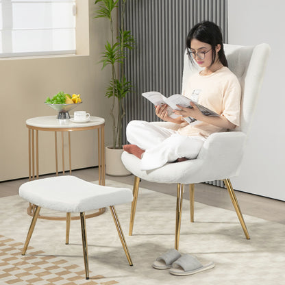 Fauteuil – Loungestoel – Relaxstoel – Zetel – Fauteuil Met Poef – Fluffy Sherpa Bekleding – Verstelbare Voetjes – Stalen Poten – Hoog Rugleuning – Wit