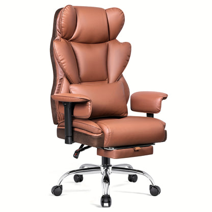 Bureaustoel – Kantoorstoel – Werkstoel – Bureaustoel Ergonomisch – Bruin – Verstelbare Hoogte – Inklapbare Voetensteun – PU Leer – Robuust Carbonstaal Frame