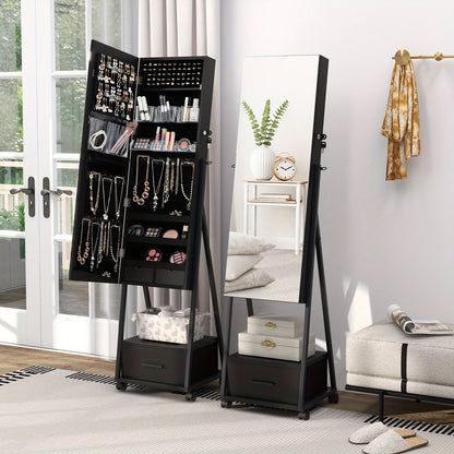 Sieradenkast – Juwelenkabinet – Jewelry Armoire – Sieradenopberger – Sieradenhouder – Zwart – Vloermodel Met Slot – Met Volledige Spiegel