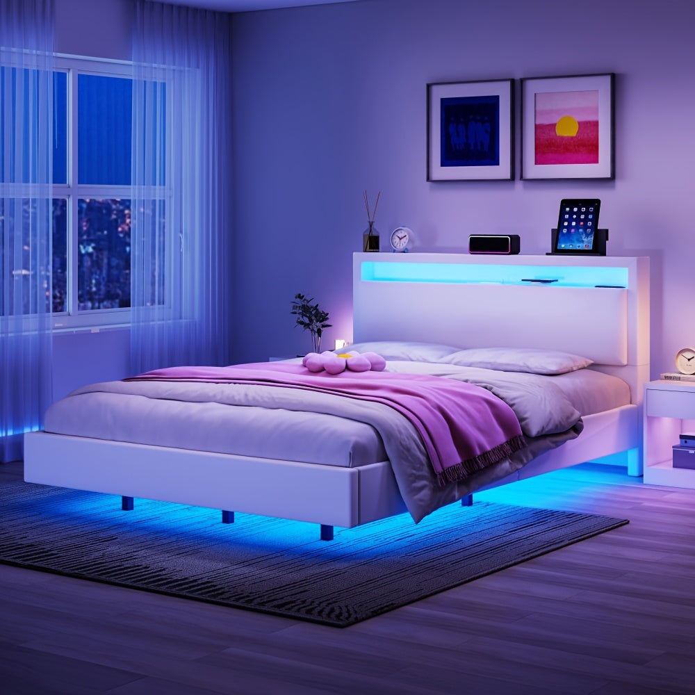 Zwevend Bedframe – Modern Bed – Platformbed – Slaapkamerbed – Gestoffeerd Bed – 140x200 cm – LED-Verlichting – Geluidloze Lattenbodem