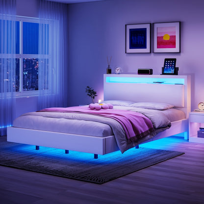 Zwevend Bedframe – Modern Bed – Platformbed – Slaapkamerbed – Gestoffeerd Bed – 140x200 cm – LED-Verlichting – Geluidloze Lattenbodem
