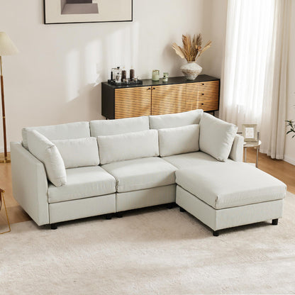 Hoekbank – Hoeksalon – Loungebank – Slaapbank – 3-Zitsbank – Katoen-Linnen Stof – Verwijderbare Voetenbank – Stevig Houten Frame – Comfortabele Kussens