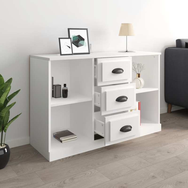 Modern White Sideboard with Drawers & Shelves - 106.68cm Wide, 35.56cm Deep, 66.04cm Tall Storage Cabinet for Living Room, Bedroom, Office - Minimalist Design, Hardwood Construction, No Assembly Required, Sideboard Cabinet, B