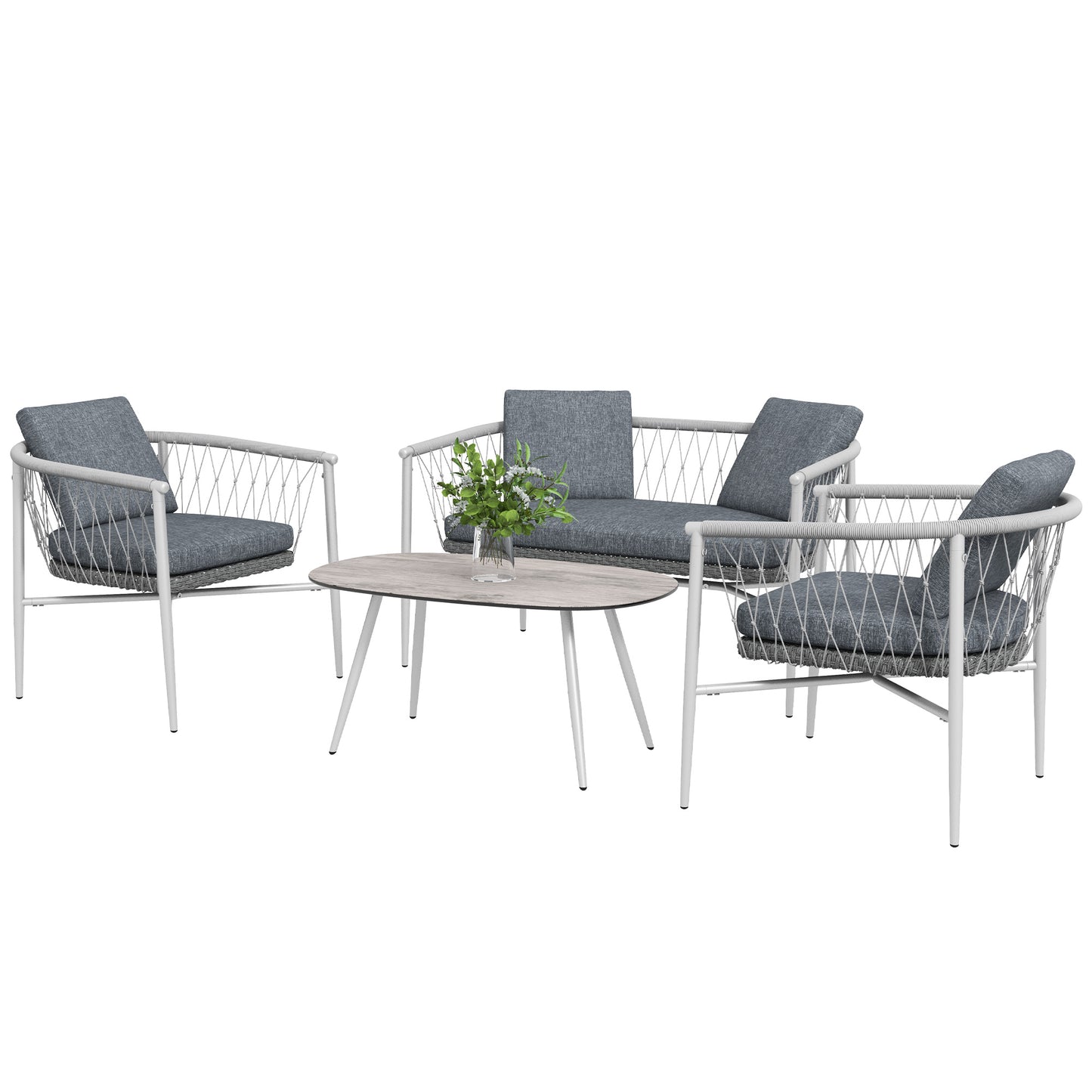 4-Delige Loungeset – Tuinmeubelset – Schommelstoel – Tuinstoelen – Loungestoelen – Grijs – Schommelfunctie – Weerbestendig Polyrattan Met Metalen Frame