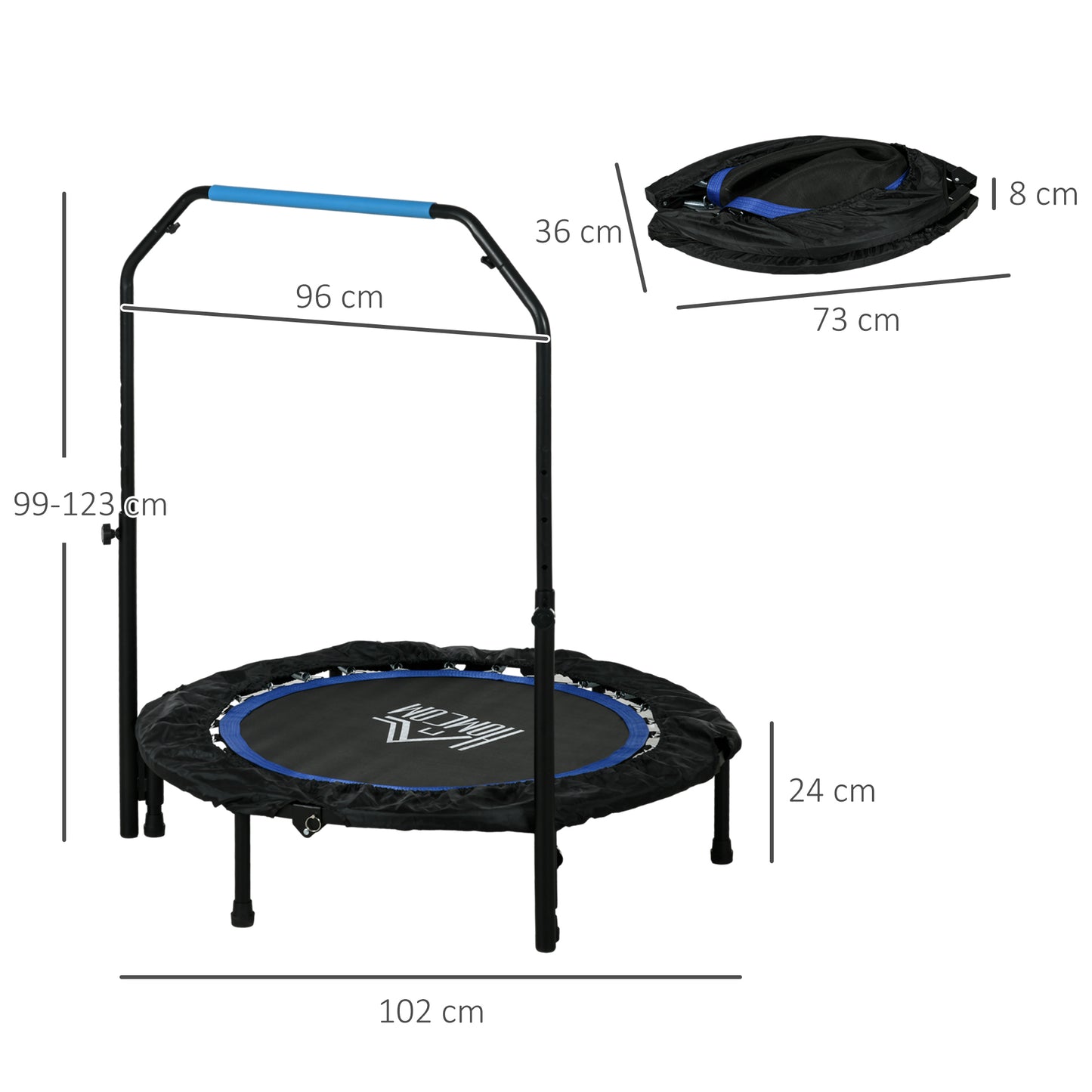 Fitness Trampoline – Gymnastiek Trampoline – Springmat – Opvouwbare Trampoline – Mini Trampoline – Verstelbare Handgreep 99-123 cm – 6 Antislip Poten – Ø102 cm – Zwart