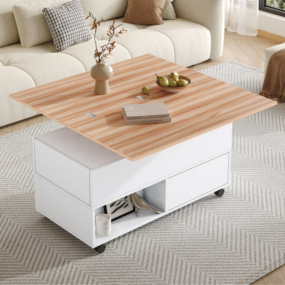 Salontafel – Koffietafel – Tafel – Bijzettafel – Woonkamertafel – Wit Zwart – Verstelbaar Blad Met Wieltjes – Metalen Frame – 4 Laden & Extra Opbergruimte – 100x50x52 cm