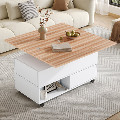 Salontafel – Koffietafel – Tafel – Bijzettafel – Woonkamertafel – Wit Zwart – Verstelbaar Blad Met Wieltjes – Metalen Frame – 4 Laden & Extra Opbergruimte – 100x50x52 cm
