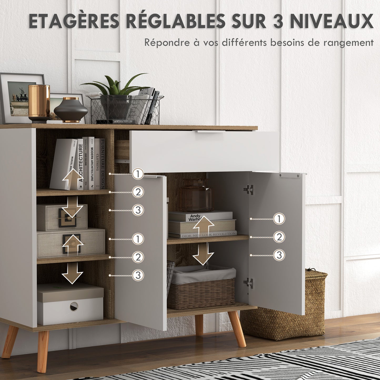 Dressoir – Buffet – Opbergkast – Ladekast – Woonkamerkast – Scandinavisch Design – Massief Houten Poten – 95x35x85 cm