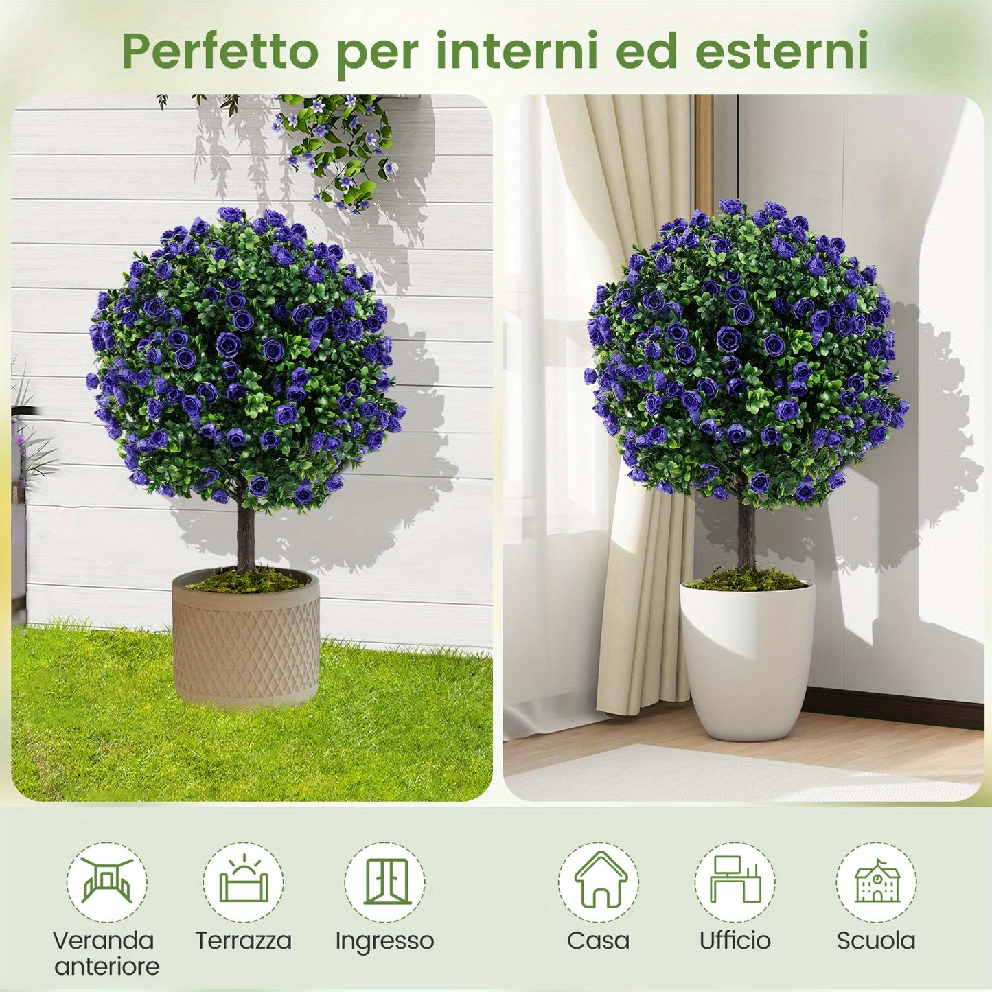 Kunstplant – Kunstboom – Kunstbuxus – Nepplant – Kunstbuxustopiary – Set 2 stuks – 55 cm Hoog – Cementgevulde Stevige Pot – Realistisch 7-Laags Blad – Paarse Rozen – Weerbestendig PE/PP – Onderhoudsvrij