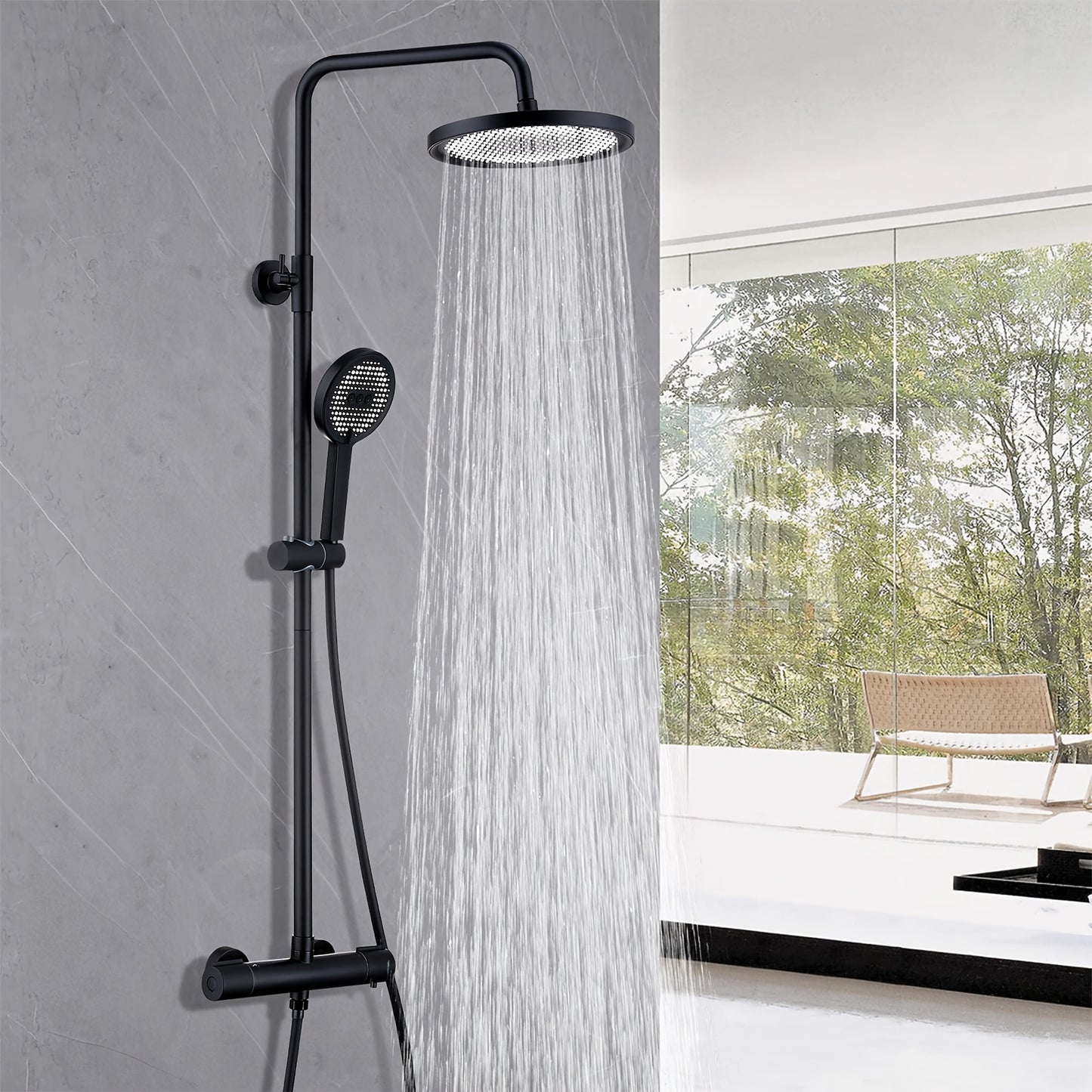 Doucheset – Douche Set – Regendouche – Handdouche – Douchekraan – Constante Temperatuur 38°C – 25 cm Regendouchekop Zwart