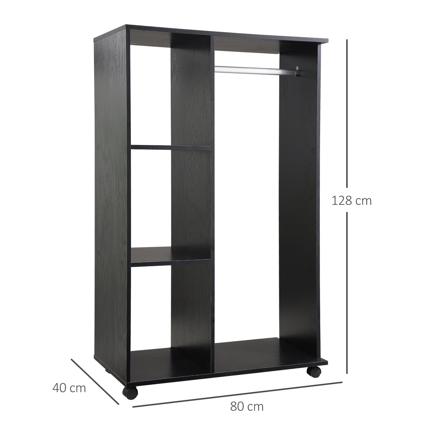 Open Kledingkast – Garderobekast – Kledingrek – Opbergkast – Mobiele Kast – Zwart – Compact 80x40x128 cm – Aluminium Roede & Wieltjes Met Rem