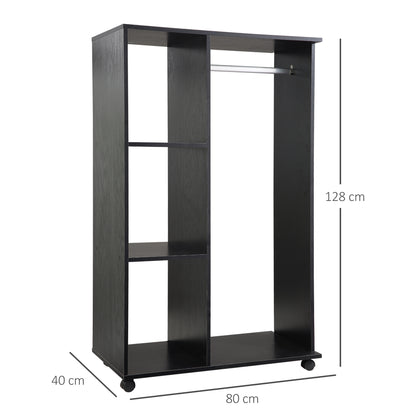 Open Kledingkast – Garderobekast – Kledingrek – Opbergkast – Mobiele Kast – Zwart – Compact 80x40x128 cm – Aluminium Roede & Wieltjes Met Rem