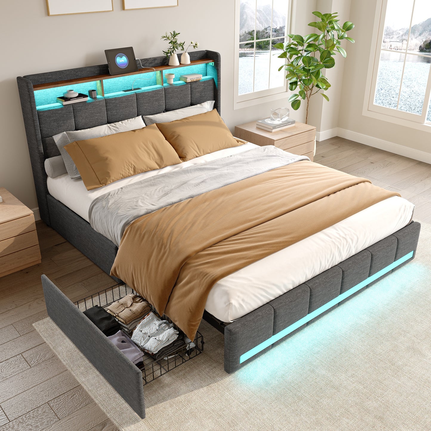 Double Bed with Storage, LED Lighting, 4 Drawers, Storage Function, USB Charging, Quick Assembly, Metal And Linen Bed Frame, Classic, for Adults, Ideal for 8Mj4Txd Bedroom.