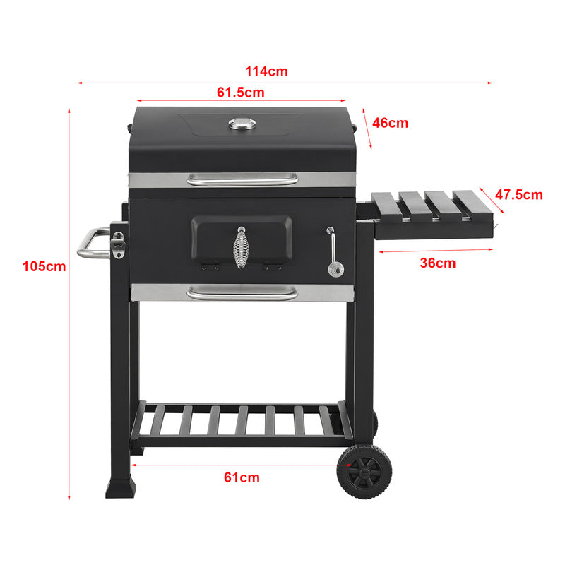 Grillwagen – Houtskoolbarbecue – Barbecuewagen – Tuingrill – BBQ Trolley – Zwart – Groot Grilloppervlak – Ingebouwde Thermometer