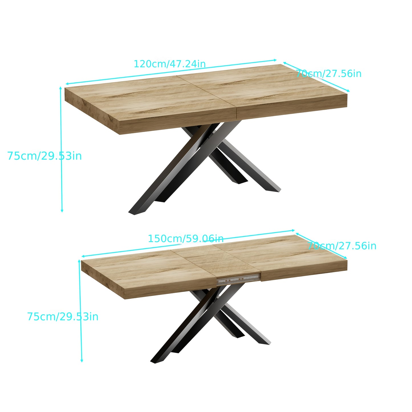 Uitbreidbare Eettafel – Vouwtafel – Uitschuiftafel – Keukentafel – Tafel Met Opbergruimte – Industrieel Design – 120-150 cm – X-Vormige Metalen Poten – Bruin Houten Blad