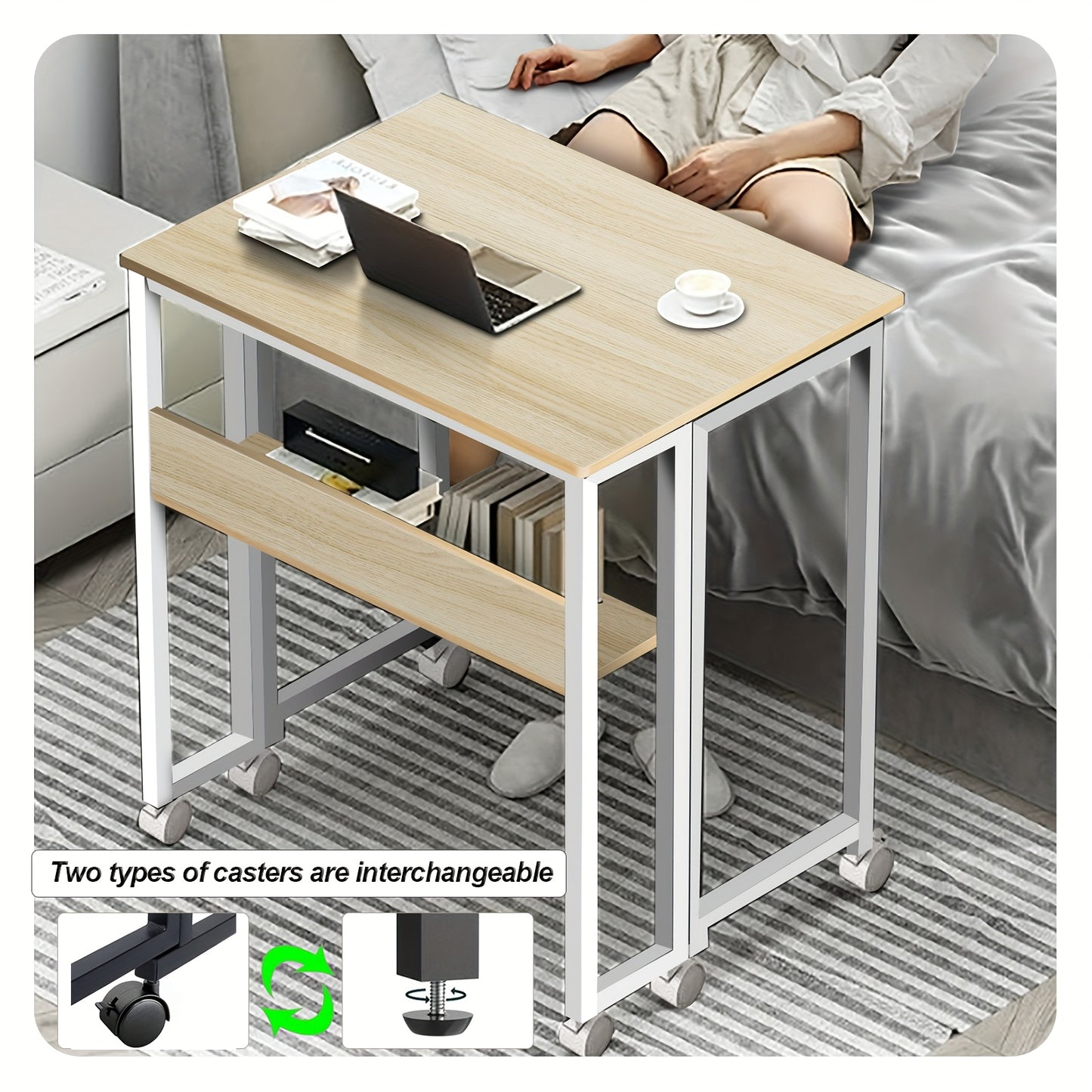 Opvouwbare Tafel – Klaptafel – Bureau – Vouwtafel – Bijzettafel – Compact Inklapbaar – Stevig Stalen Frame – Wieltjes – 80x58x75 cm – Eikenhout Look