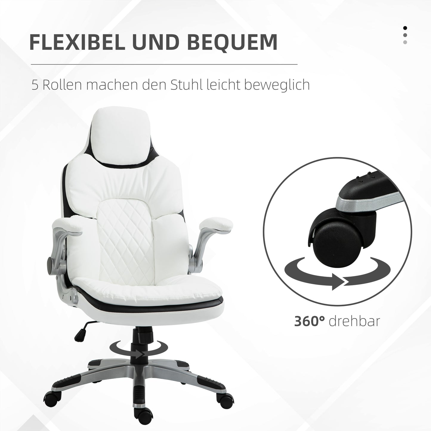 Ergonomische Bureaustoel – Bureaustoel – Kantoorstoel – Werkstoel – Desk Chair – Verstelbare Hoogte – Inklapbare Armleuningen – Kantelbare Rugleuning – Gevoerd PU-Leder – Wit
