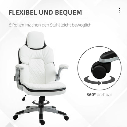 Ergonomische Bureaustoel – Bureaustoel – Kantoorstoel – Werkstoel – Desk Chair – Verstelbare Hoogte – Inklapbare Armleuningen – Kantelbare Rugleuning – Gevoerd PU-Leder – Wit