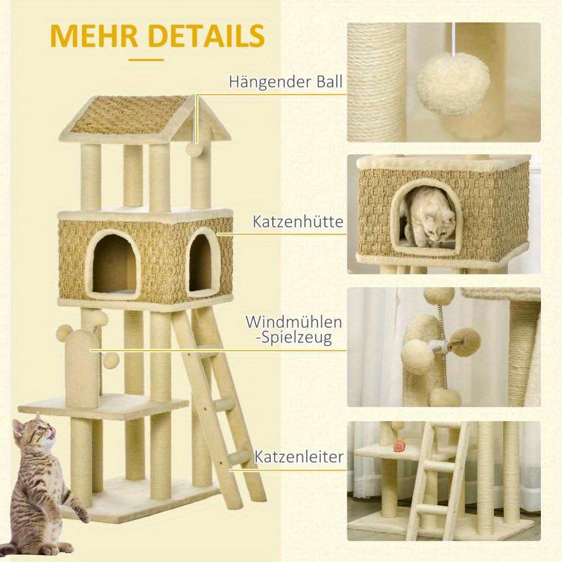 Krabpaal – Kattenboom – Kattenhuis – Kattenklimtoren – Kattenmeubel – 130 cm Hoog – Stevig Spaanplaat – Ruimtebesparend Ontwerp – Beige/Kaki