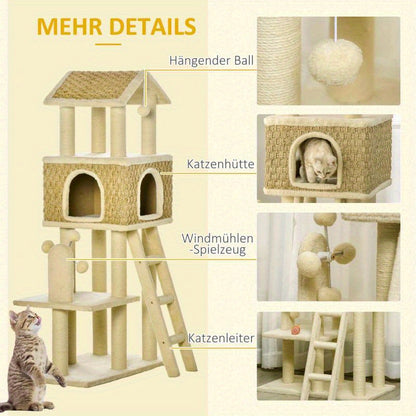 Krabpaal – Kattenboom – Kattenhuis – Kattenklimtoren – Kattenmeubel – 130 cm Hoog – Stevig Spaanplaat – Ruimtebesparend Ontwerp – Beige/Kaki