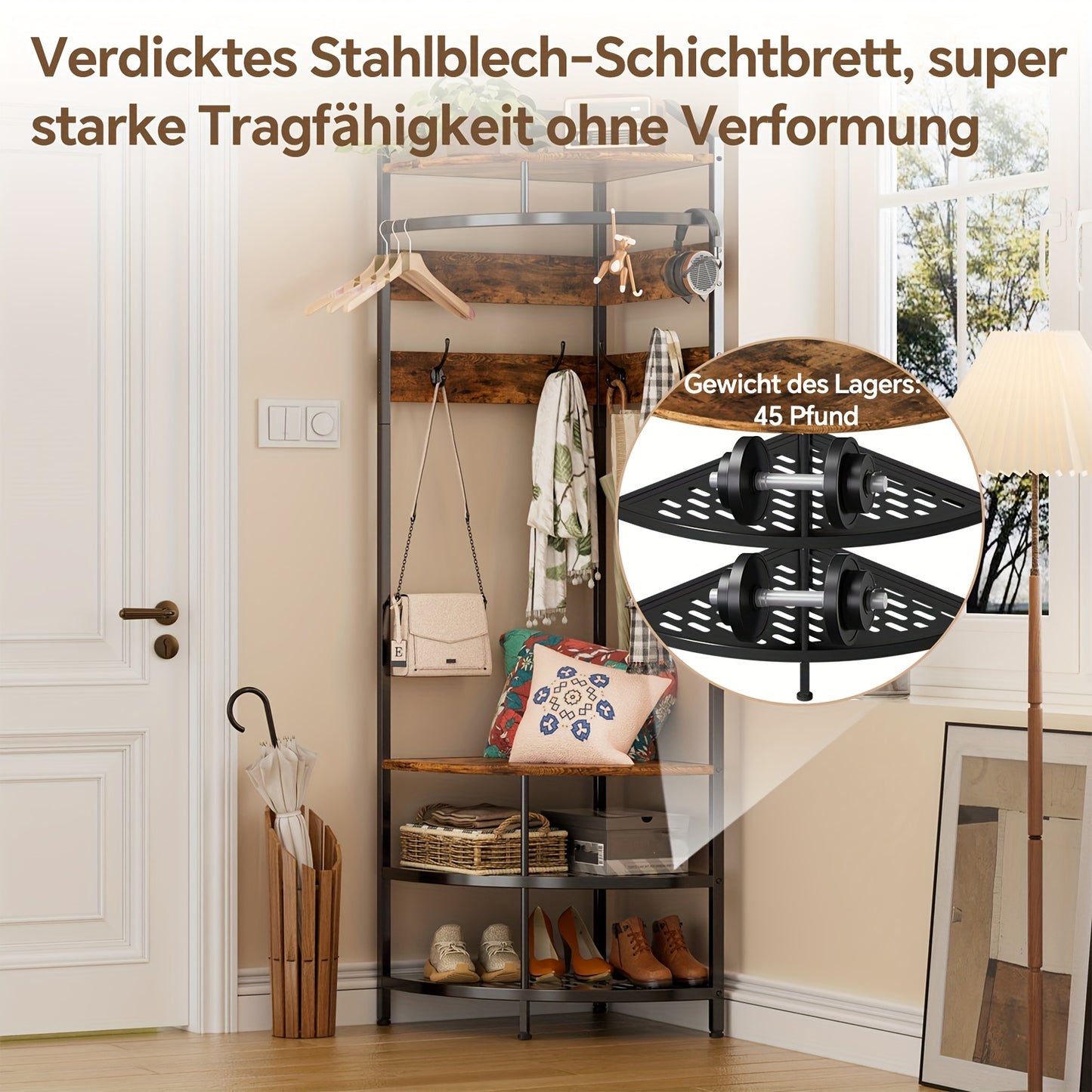 Hoekkapstok – Kapstok Hoek – Staande Kapstok – Jasrek – Halmeubel – Met Bankje en 4 Haken – Stabiel Metaal en Hout – Ruimtebesparend Design 181 cm Hoog