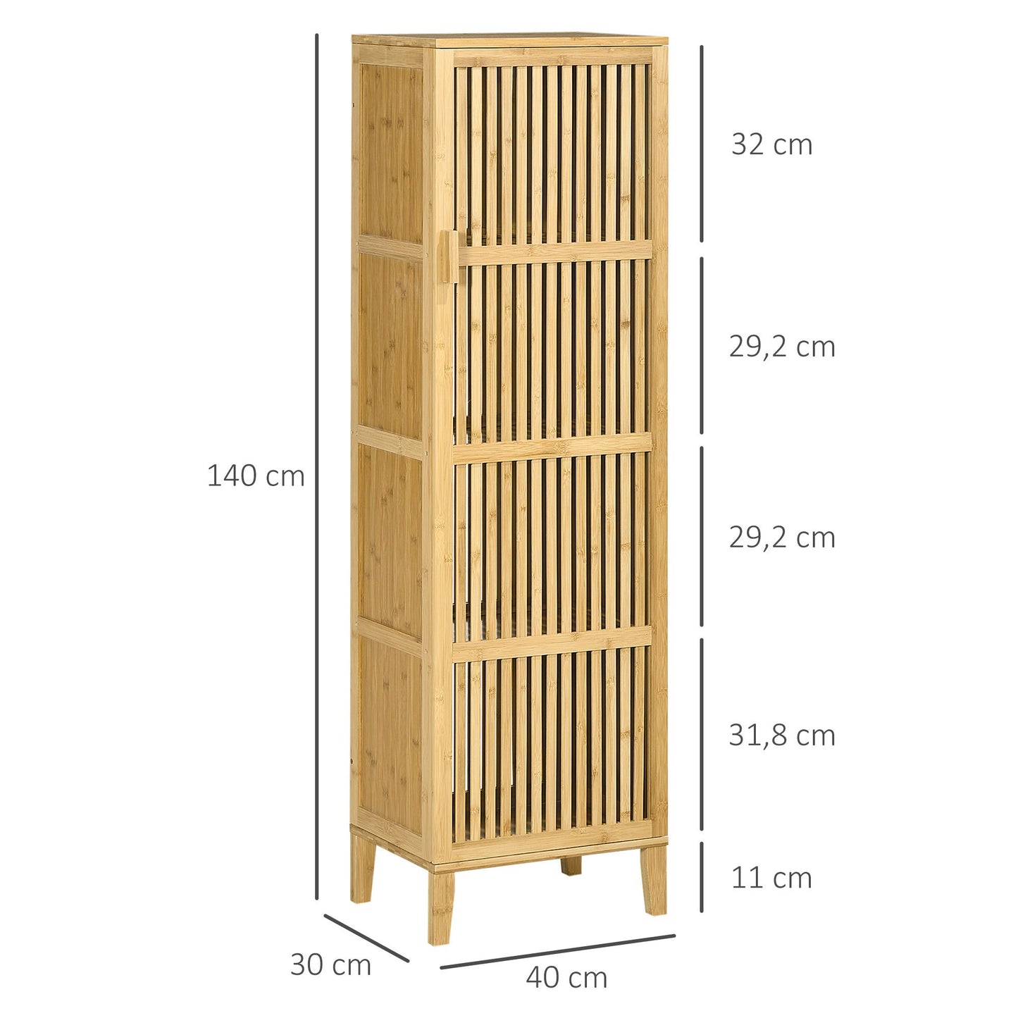 Bamboekast – Opbergkast – Badkamerkast – Boekenkast – Ladekast – Natuurmateriaal Bamboe – 4 Niveaus Met Latten Deuren – Compact 40x30x140 cm