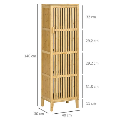 Bamboekast – Opbergkast – Badkamerkast – Boekenkast – Ladekast – Natuurmateriaal Bamboe – 4 Niveaus Met Latten Deuren – Compact 40x30x140 cm