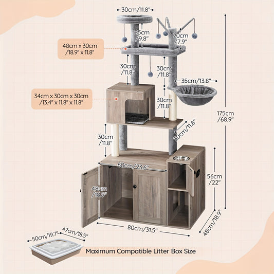 Krabpaal – Kattenboom – Kattenhuis – Krabmeubel – Kattentoren – 175 cm Hoog – Verborgen Kattenbak & Hangmat – Ruimtebesparend Design